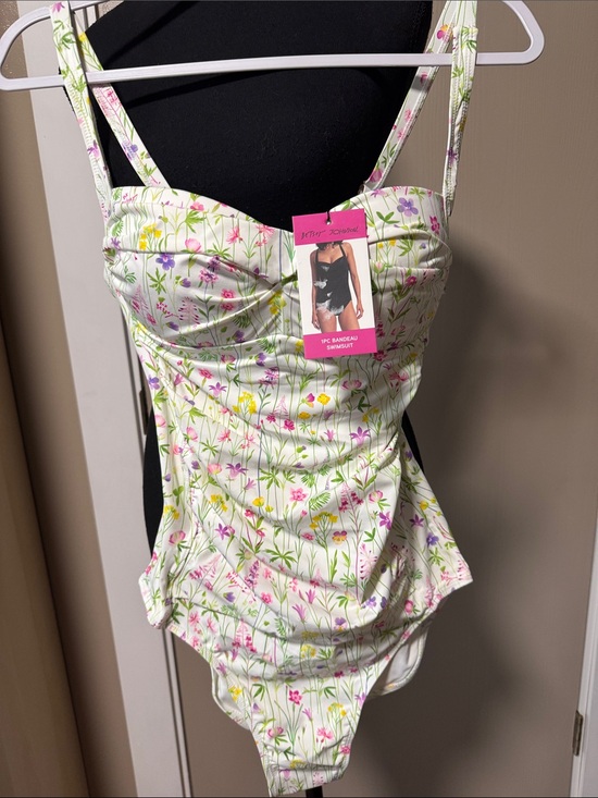 Betsey Johnson Tops - Betsey Johnson Cream Floral Sweetheart Bust Bodysuit with Pink & Yellow Blooms